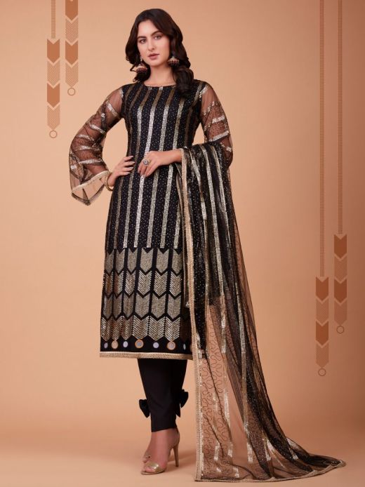 Glamorous Black Sequence Embroidered Net Salwar Suit