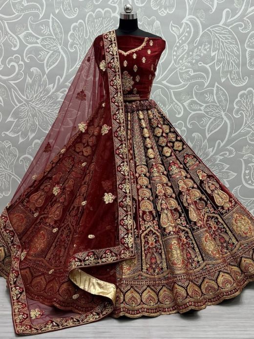 Appealing Maroon Fancy Embroidered Velvet Bridal Lehenga Choli