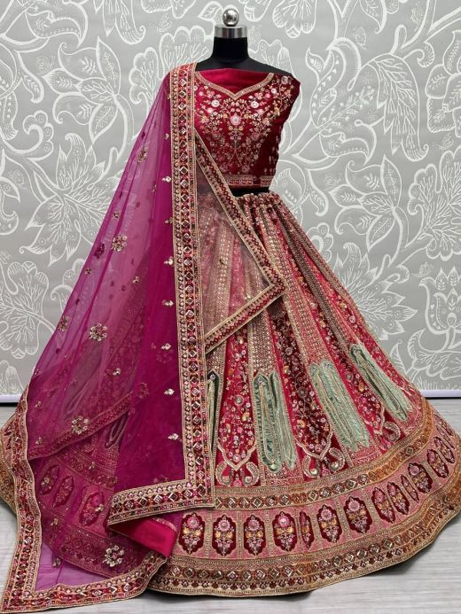 Majestic Hot Pink Fancy Embroided Velvet Designer Bridal Lehenga Choli