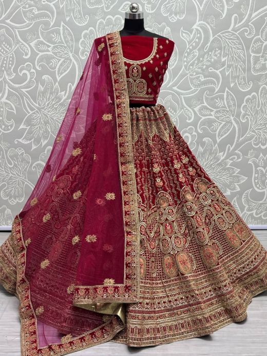 Stupendous Hot Pink Fancy Embroidery Velvet Bridal Lehenga Choli