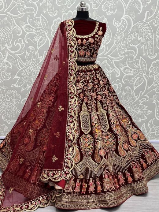 Tremendous Maroon Zari Embroidered Velvet Bridal Lehenga Choli