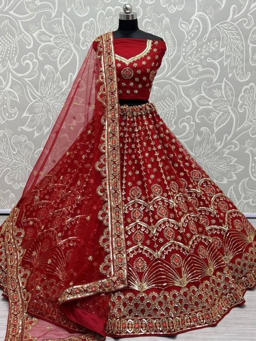 Superb Red Sequines Embroidered Net Bridal Wear Lehenga Choli  