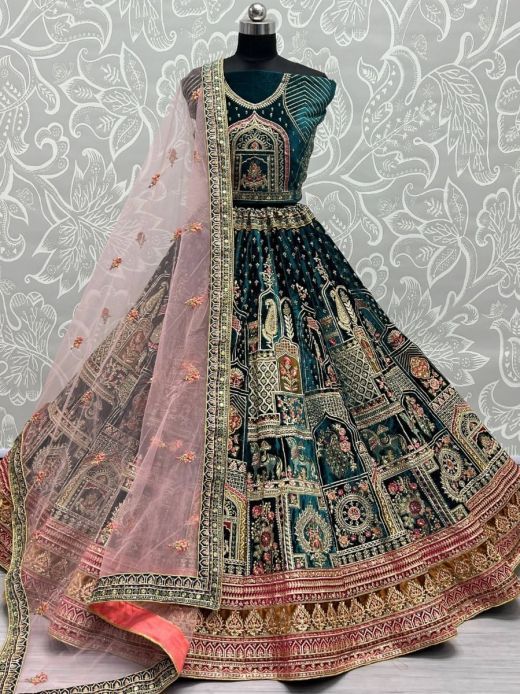  Bodacious Turqouise Zari Embroidery Velvet Bridal Lehenga Choli 
