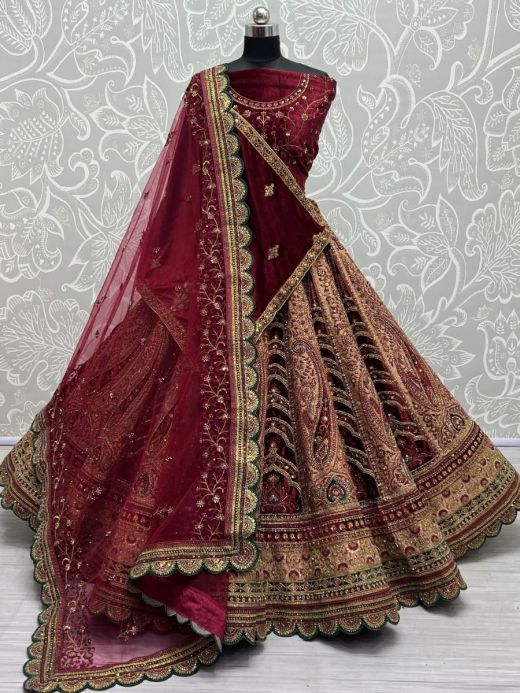 Worthy Multi-Color Embroidered Velvet Bridal Lehenga Choli