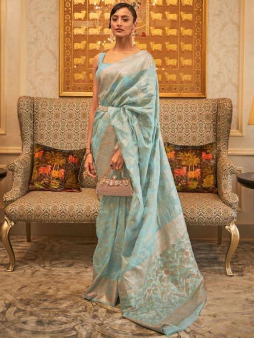 Elegant Sky Blue Handloom Weaving Cotton Silk Saree With Blouse