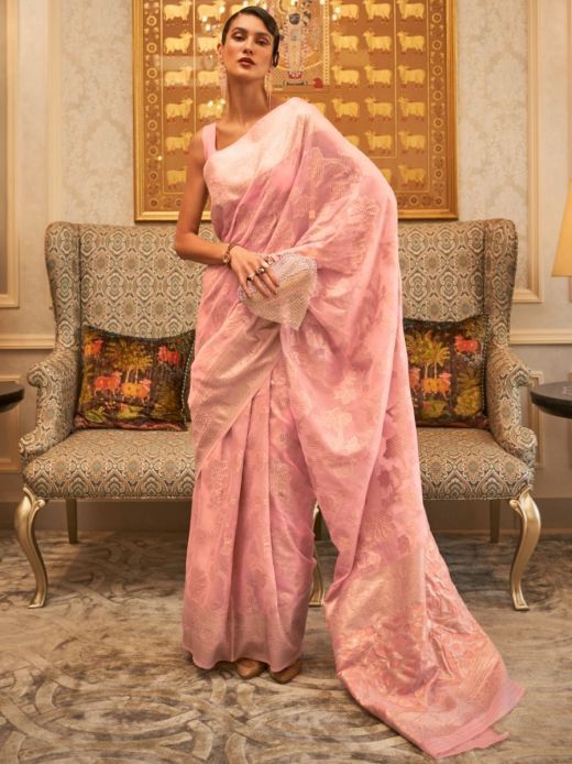 Stunning Baby Pink Handloom Weaving Cotton Silk Festival Wear Saree