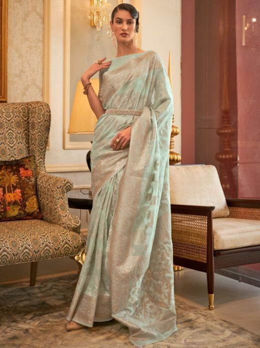 Wonderful Mint Green Handloom Weaving Cotton Silk Saree With Blouse