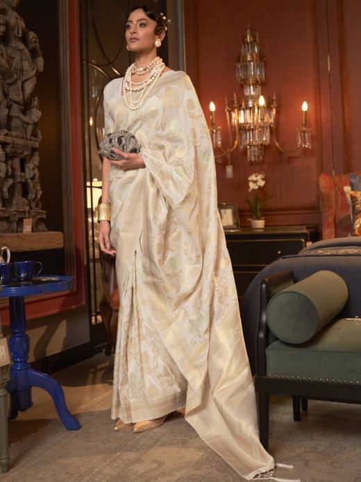 Exquisite Off-White Banarasi Wedding Wear Silk Saree 