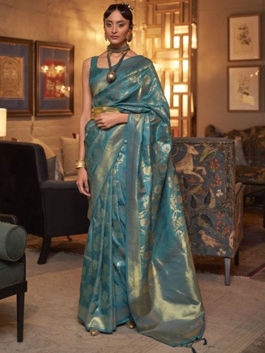 Dazzling Sky-Blue Banarasi Silk Saree With Blouse