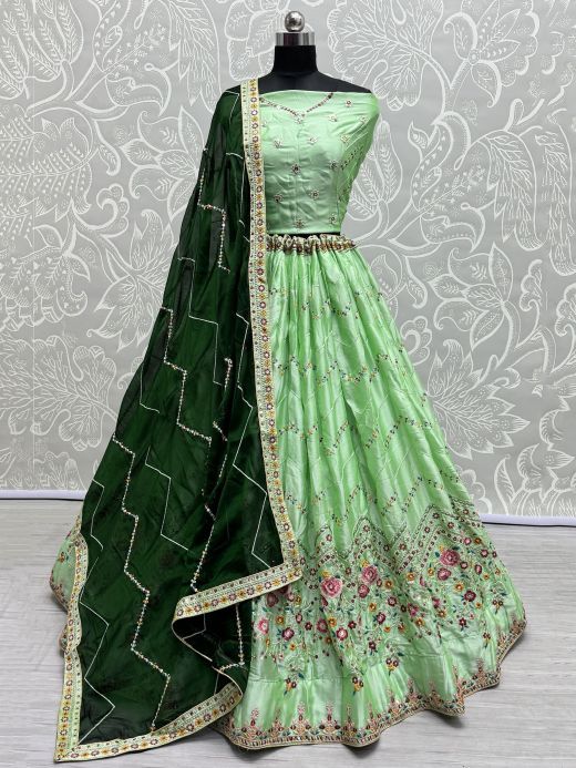 Fascinating Light Green Thread-Work Silk Lehenga Choli With Dupatta