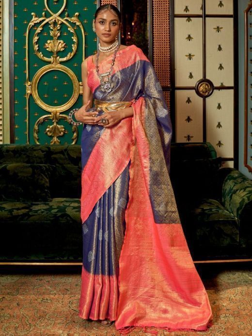 Captivating Blue and Peach Heavy Zari Weaving Kanjivaram Silk Saree