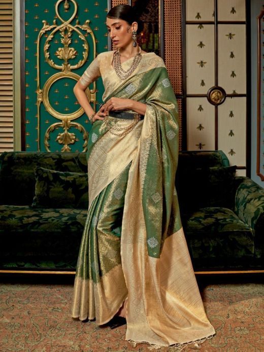 Adorable Green And Beige Zari Weaving Kanjivaram Silk Saree
