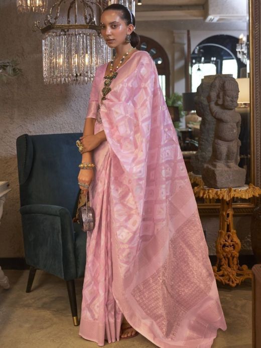 Splendid Pink Zari Woven Linen Festival Wear Saree With Blouse