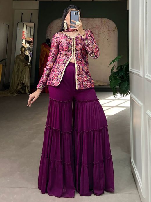 Precious Purple Jacquard Silk Festival Wear Sharara Suit With Dupatta