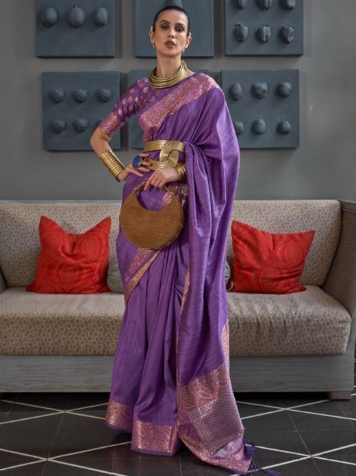 Attractive Purple Zari Weaving Tussar Silk Saree With Blouse