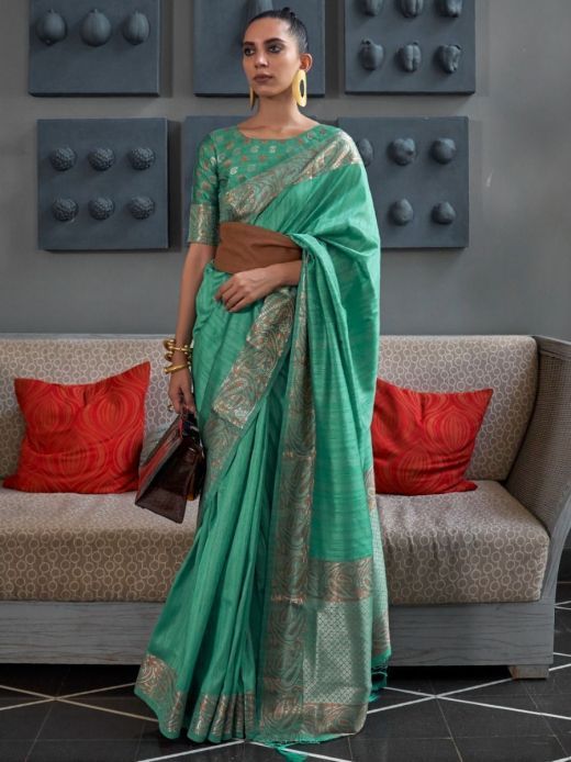 Elegant Sea Green Zari Weaving Tussar Silk Engagement Wear Saree