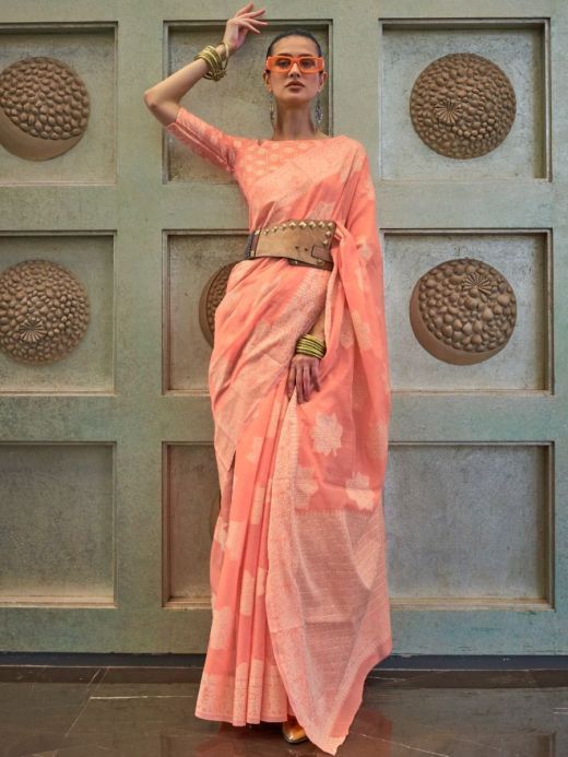 Stunning Peach Chickankari Lucknowi Weaving Silk Saree