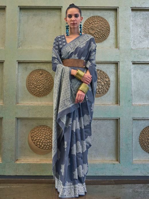 Lovely Blue Chickankari Lucknowi Weaving Silk Saree