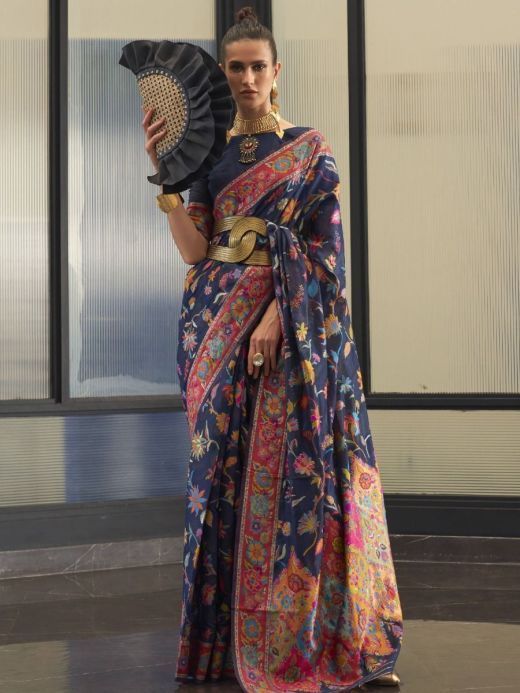 Exquisite Navy-blue Kashmiri Woven Silk Party Wear Saree With Blouse