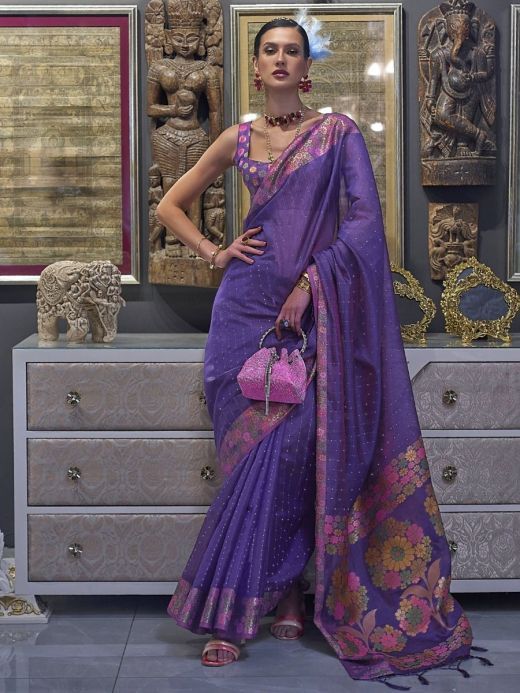 Awesome Purple Floral Silk Festival Wear Saree with Blouse