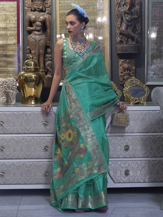 Remarkable Green Floral Silk Festival Wear Saree with Blouse