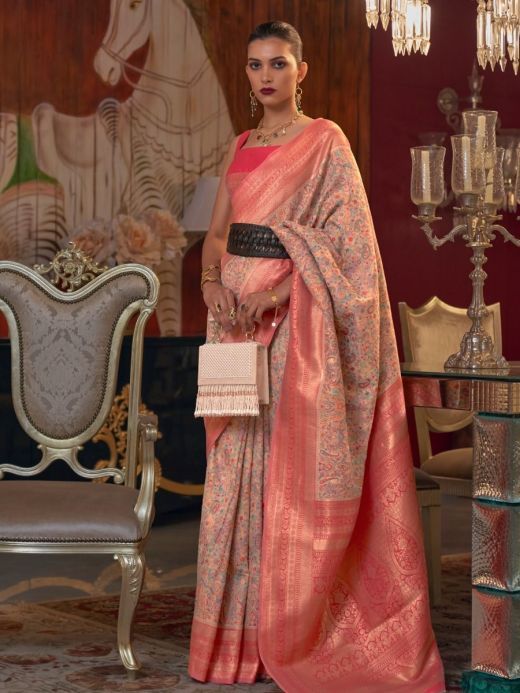 Fascinating Peach Paisley Print Silk Festival Wear Saree With Blouse