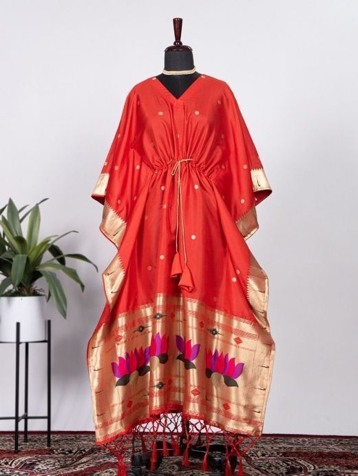 Adorable Red Zari Weaved Paithani Silk Festive Wear Kaftan