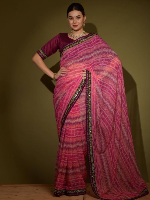 Gorgeous Pink Printed Chiffon Casual Wear Saree With Blouse