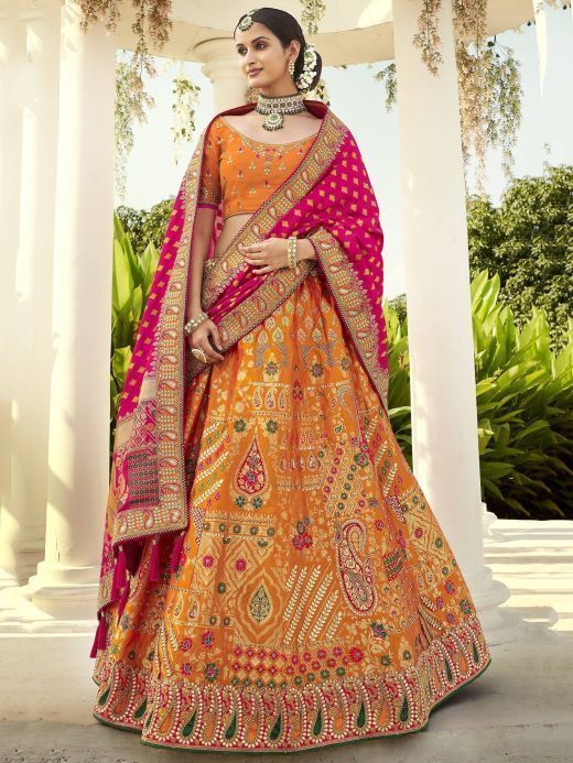 Orange Banarasi Silk Woven Bridal Lehenga Choli With Dupatta 