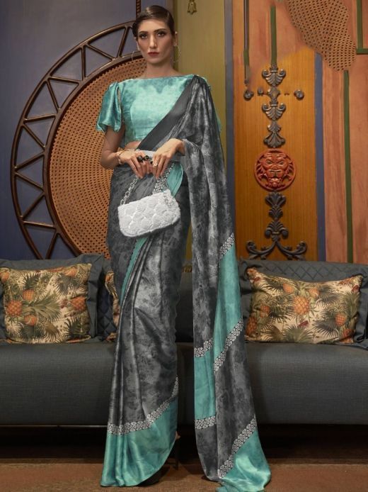 Elegant Grey Digital printed Crepe Satin Party Saree With Blouse