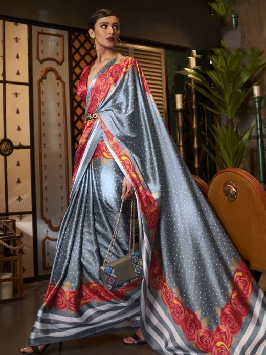 Beauteous Grey Digital printed Satin Festive Wear Saree With Blouse