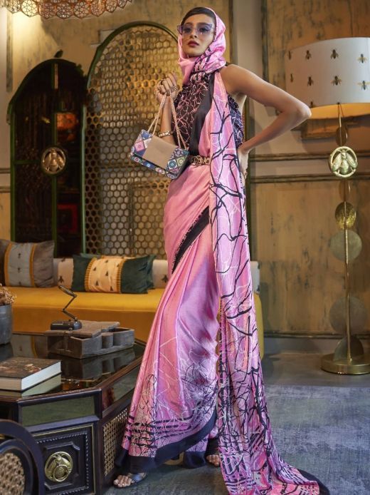 Fascinating Pink Digital Printed Crepe Party Wear Saree With Blouse