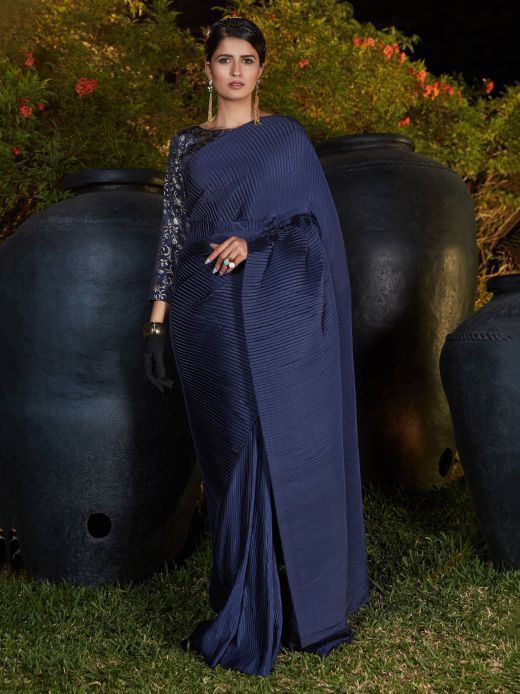 Navy Blue Pleated Foil Work Silk Party Wear Saree With Blouse
