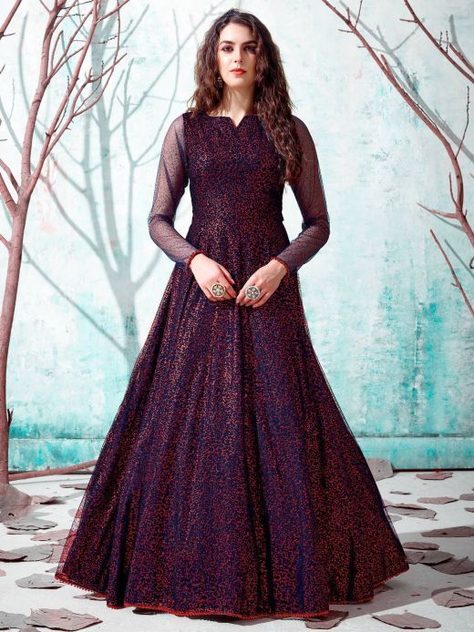 Navy Blue Foil Printed Net Party Wear Long Gown