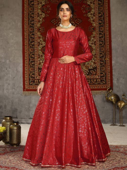 Red Color Trendy Georgette Floral Print Womens Gown