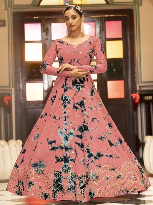 Graceful Peach Shibori Print Cotton Anarkali Gown With Sequins Work 