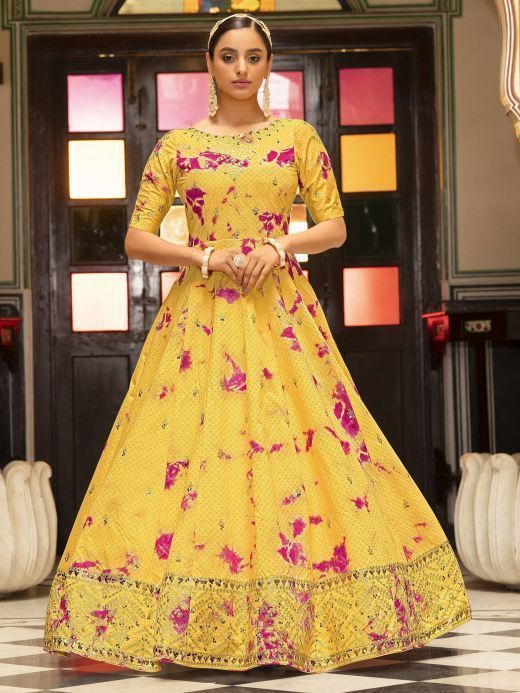 Elegant Yellow Shibori Printed Cotton Long Anarkali Gown