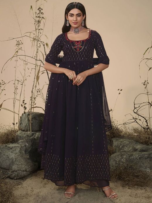 Stunning Purple Embroidered Georgette Festive Wear Palazzo Suit