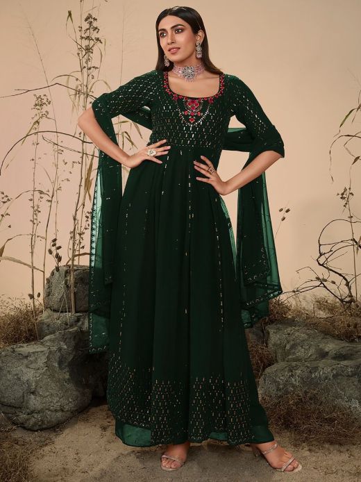 Classy Dark Green Embroidered Georgette Festive Wear Palazzo Suit