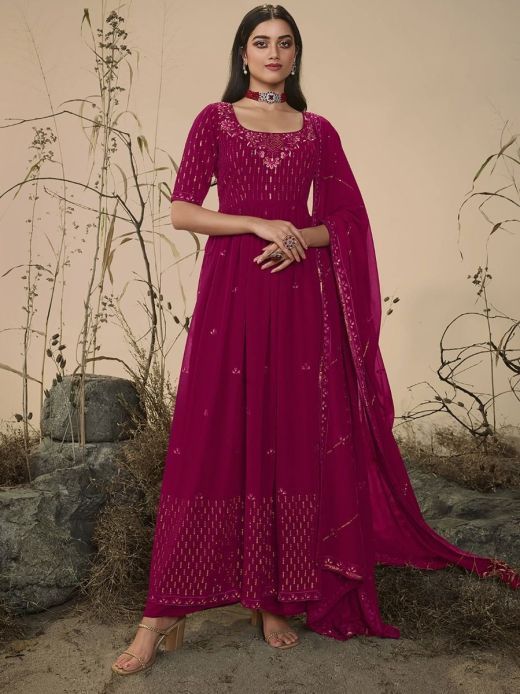 Alluring Magenta Embroidered Georgette Festive Wear Palazzo Suit