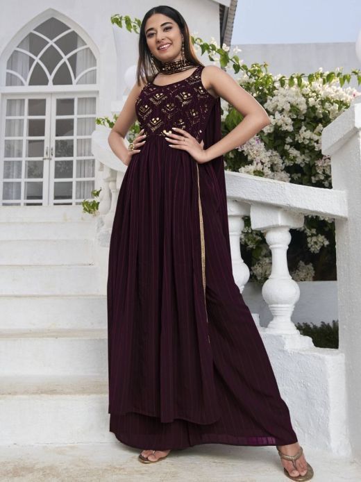 Impressive Purple Sequined Georgette Ready-to-wear Palazzo Suit
