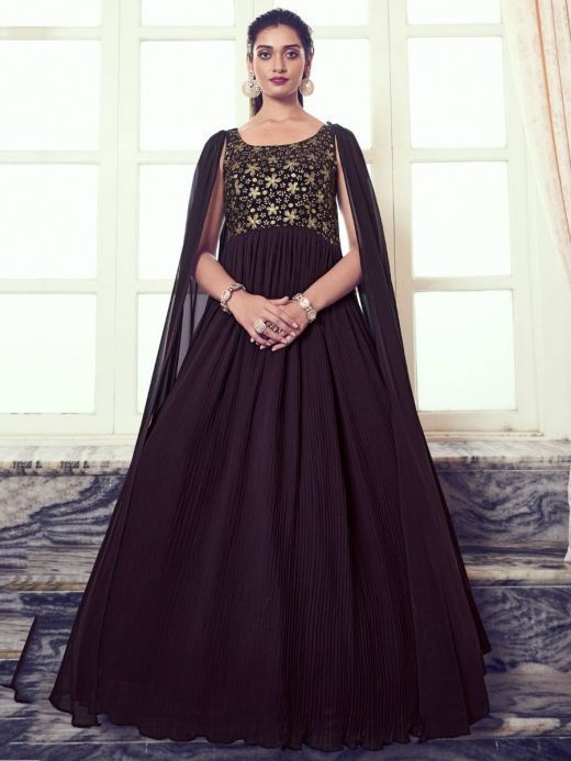 Charming Wine Sequins Georgette Wedding Wear Ready-Made Gown