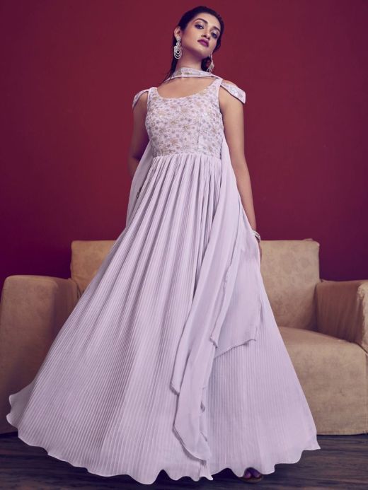 Tantalizing Lilac Sequins Work Georgette Event Wear Ready Made Gown