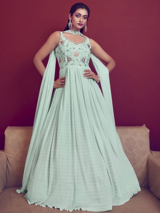 Captivating Sky Blue Thread Work Georgette Ready-Made Gown