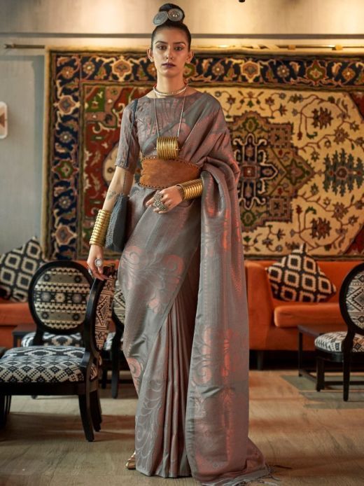 Unique Grey Weaving Kanjivaram Silk Engagement Saree
