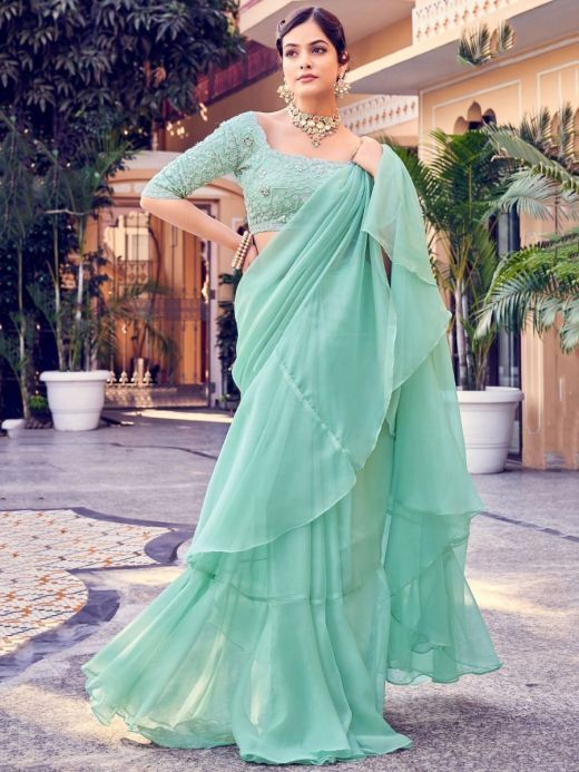 Classy Sea-green Sequins Organza Party Wear Ruffle Saree With Blouse