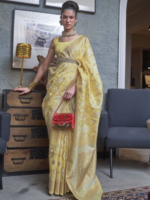 Impressive Yellow Woven Linen Festival Wear Saree With Blouse