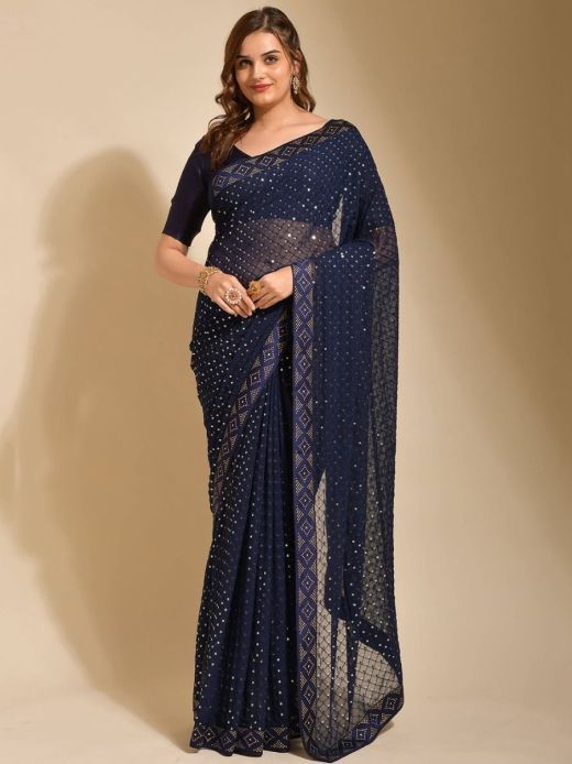 Stunning Navy-Blue Sequins Georgette Saree With Blouse