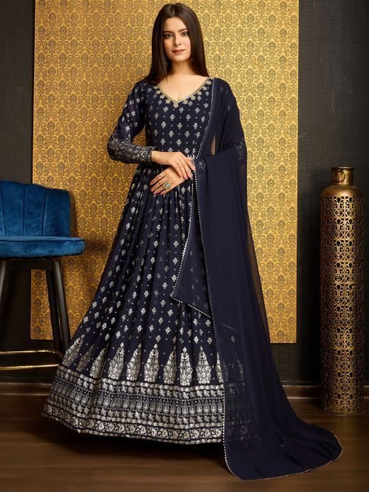 Ladies Navy Blue Semi-Stitched Embroidered Party Wear Gown With Dupatta at  Rs 5650 in Noida