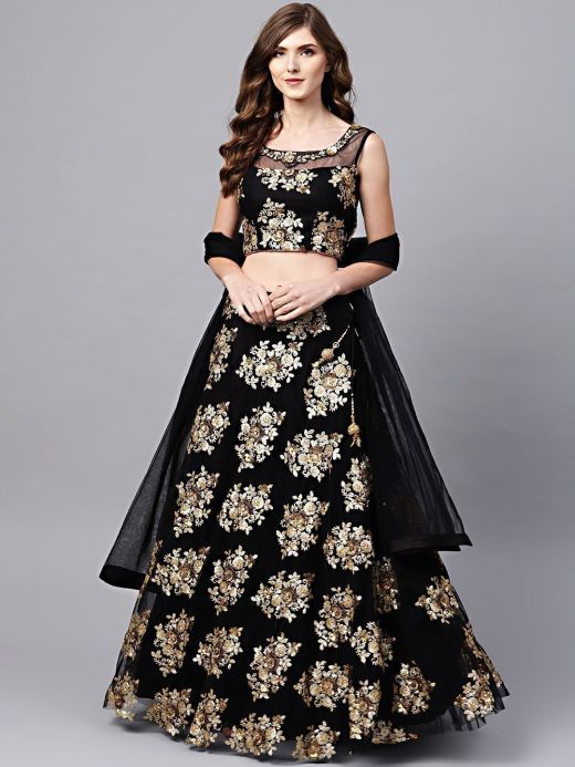 Black Floral Golden Sequins Work Net Fabric Party Wear Lehenga Choli
